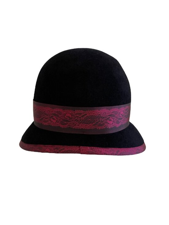 Louise Green Black Burgundy Lace Ribbon Bow Hat Cloche Style 100% Wool USA main image 7